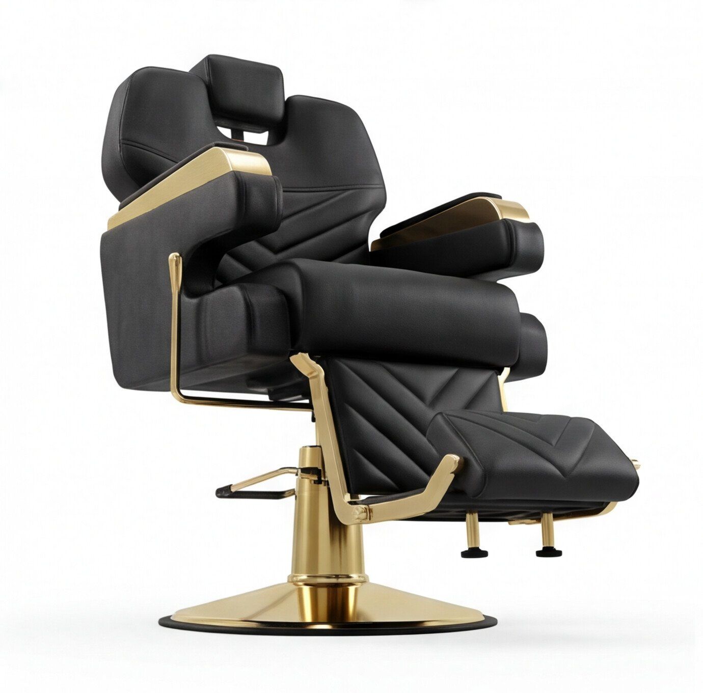 Combo Milán barbería: sillón en cordobán negro con herrajes dorados y base importada, vista tres cuartos