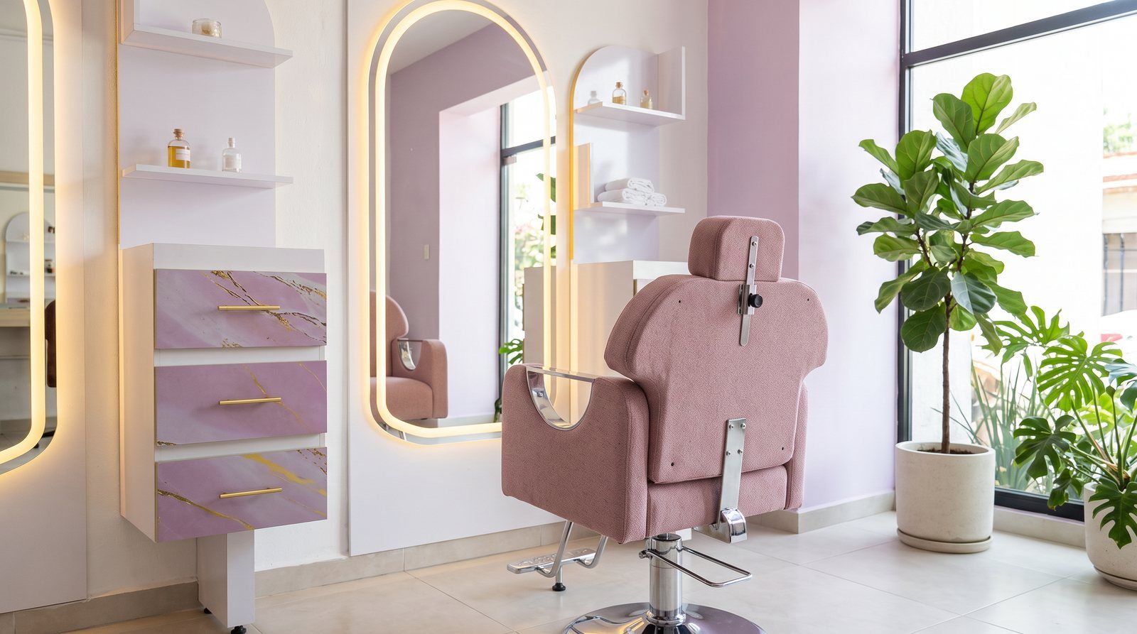 Combo Bugalú en salón de peluquería iluminado de día, módulo lila con manijas doradas