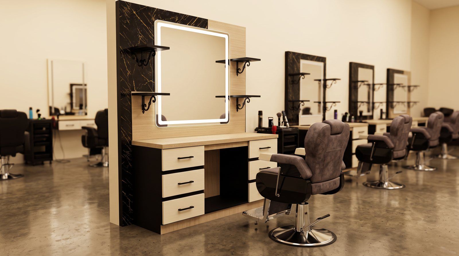 Combo Vikingo en showroom amplio de barbería con estaciones en melamina clara y mármol negro