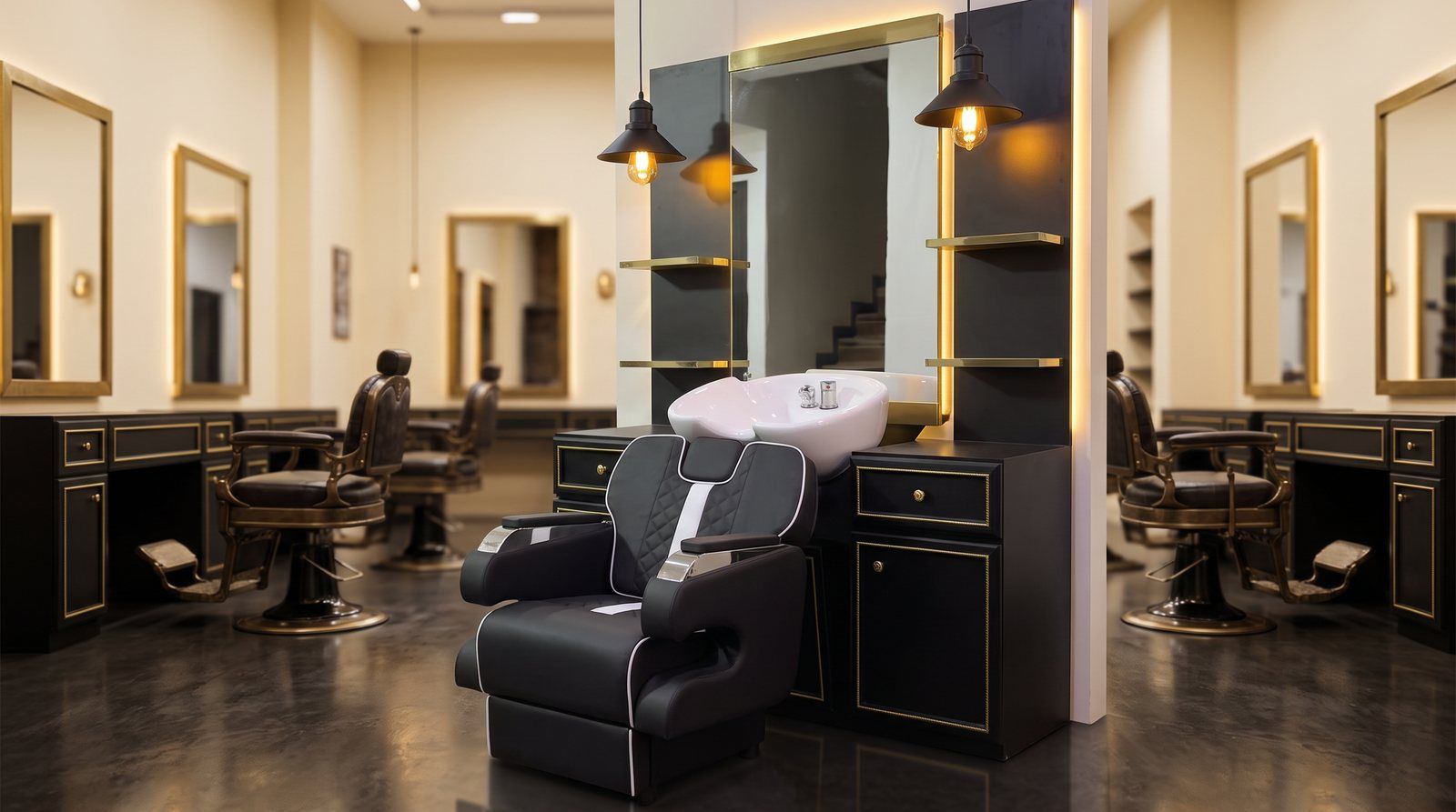 Combo Visajoso en showroom amplio de barbería con estaciones en negro y dorado, vista general