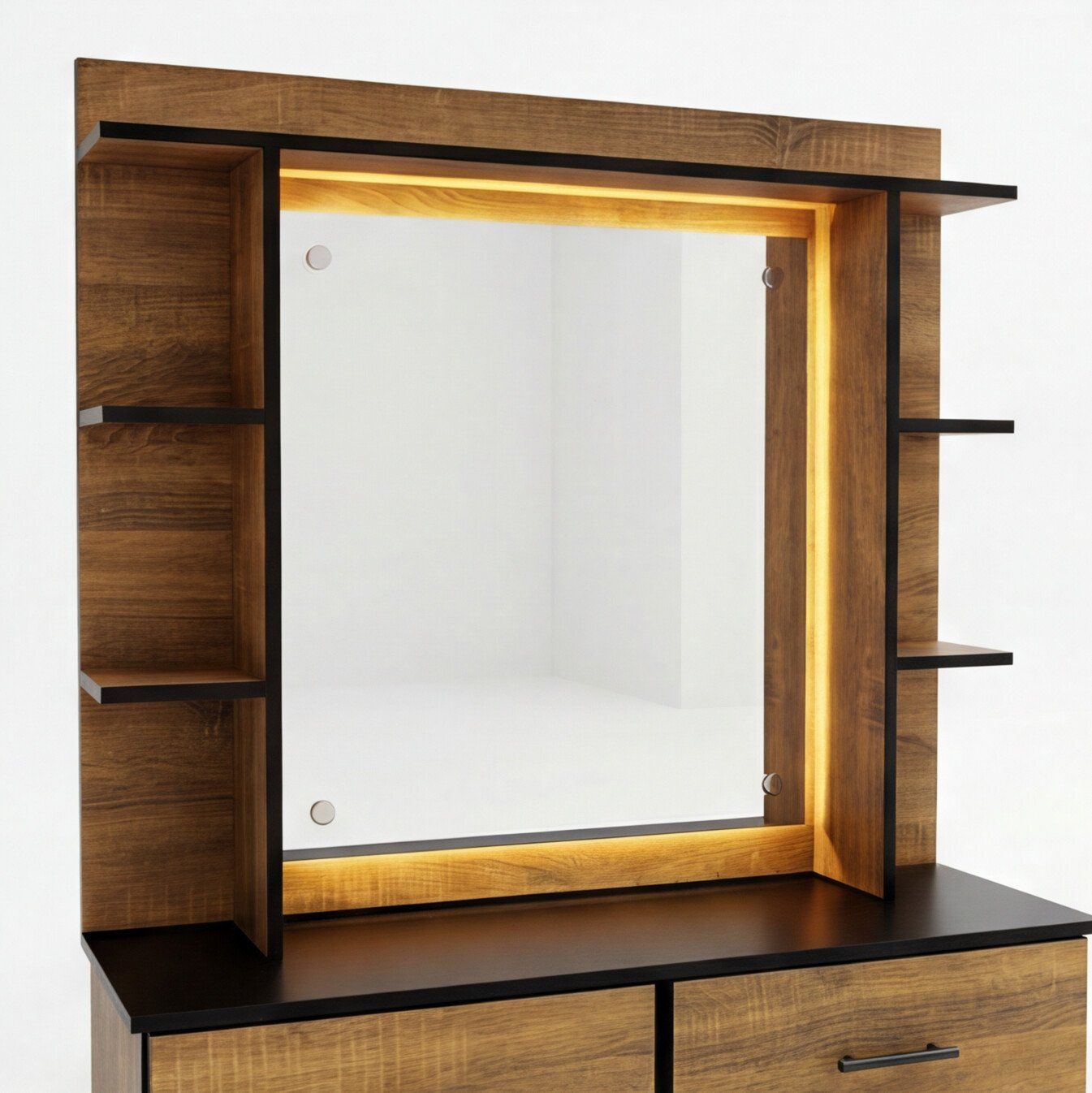 Tocador Milán LED flotante con espejo iluminado y repisas laterales en madera, vista 3/4 frontal