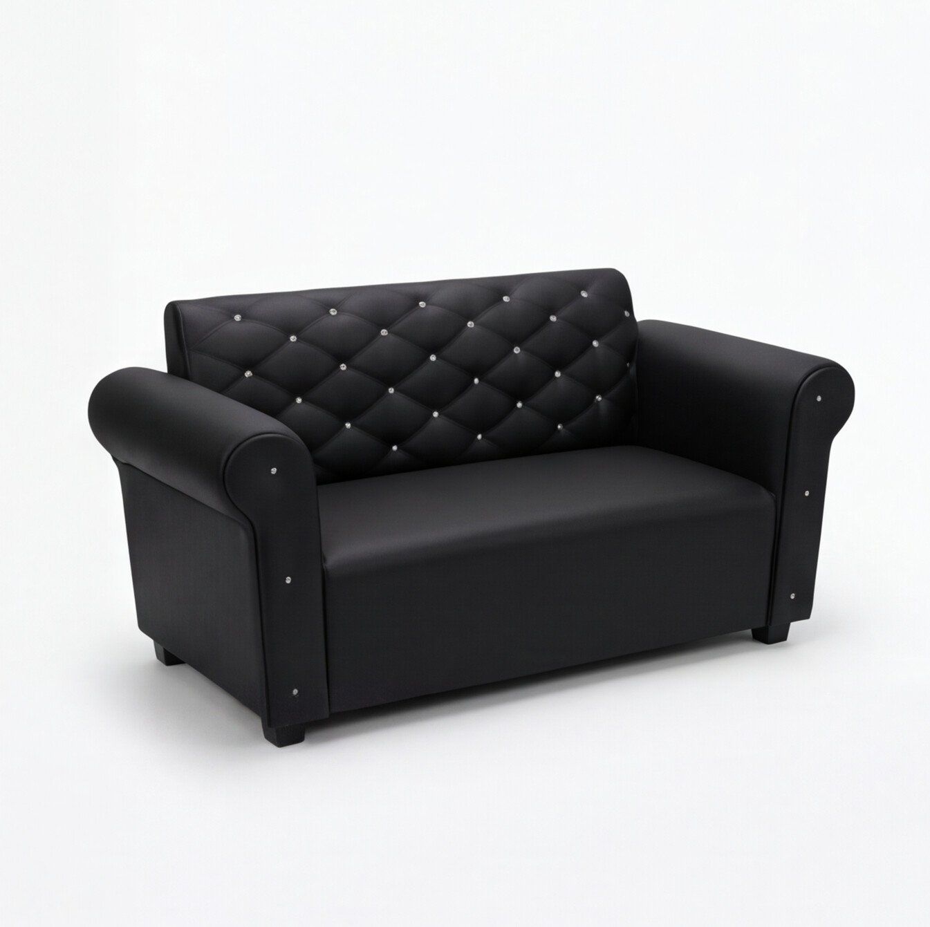 Sala de espera 3 puestos en cordobán negro con brazos enrollados y patas de madera, vista tres cuartos