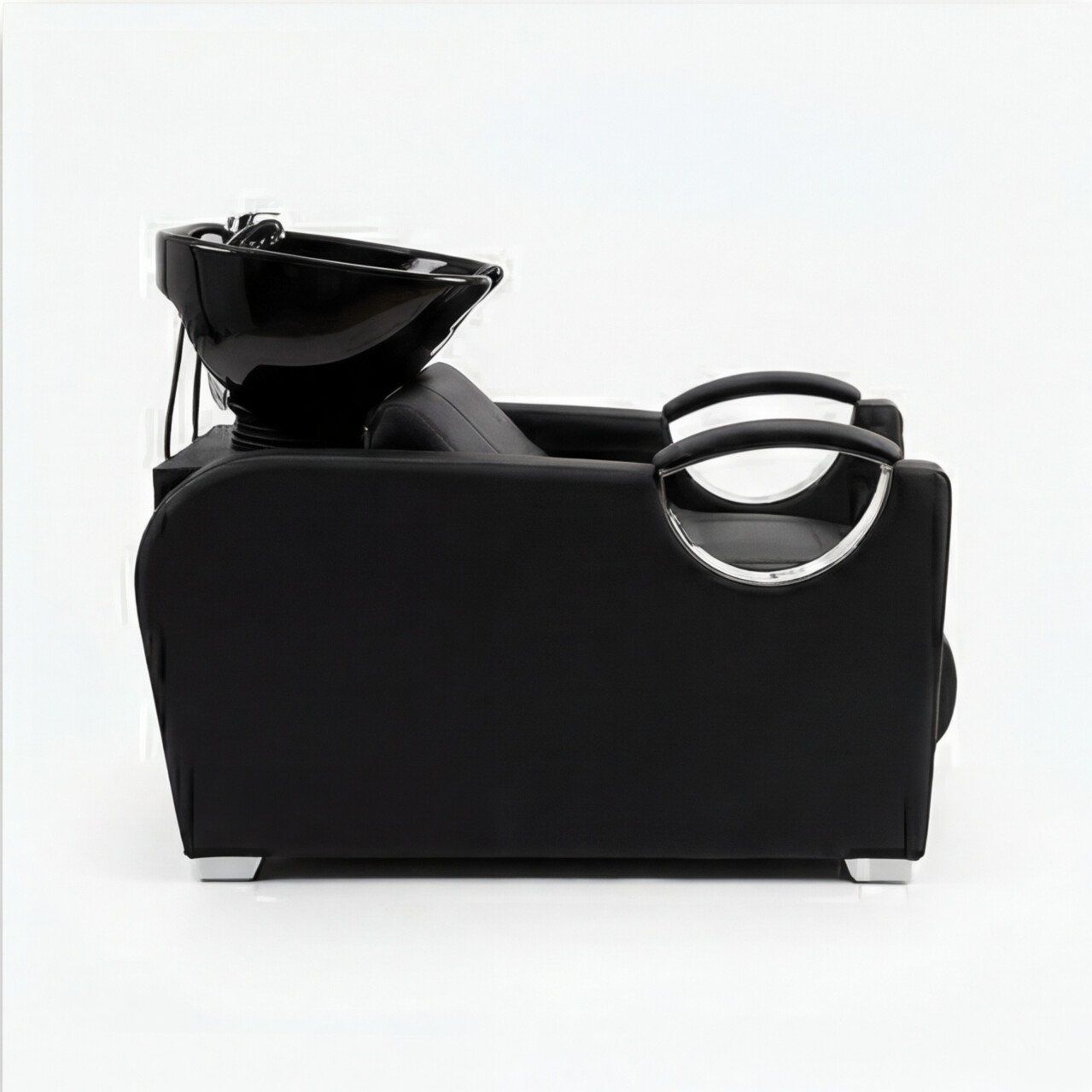 Lavacabezas Premium en cordobán negro con poceta de porcelana, vista lateral de perfil