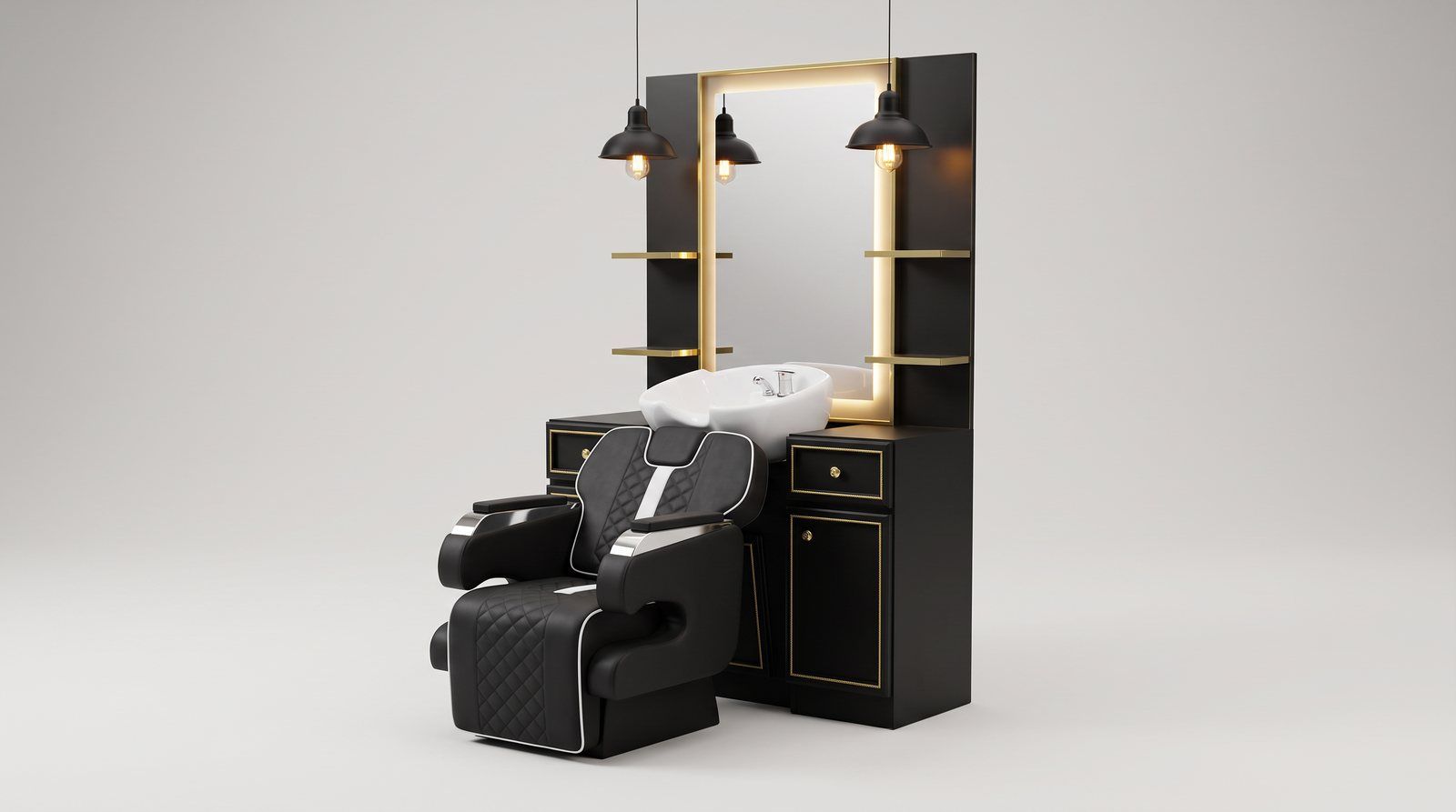 Combo Visajoso completo: silla barbera en cordobán negro, tocador con espejo retroiluminado y lavacabezas blanco, vista tres cuartos