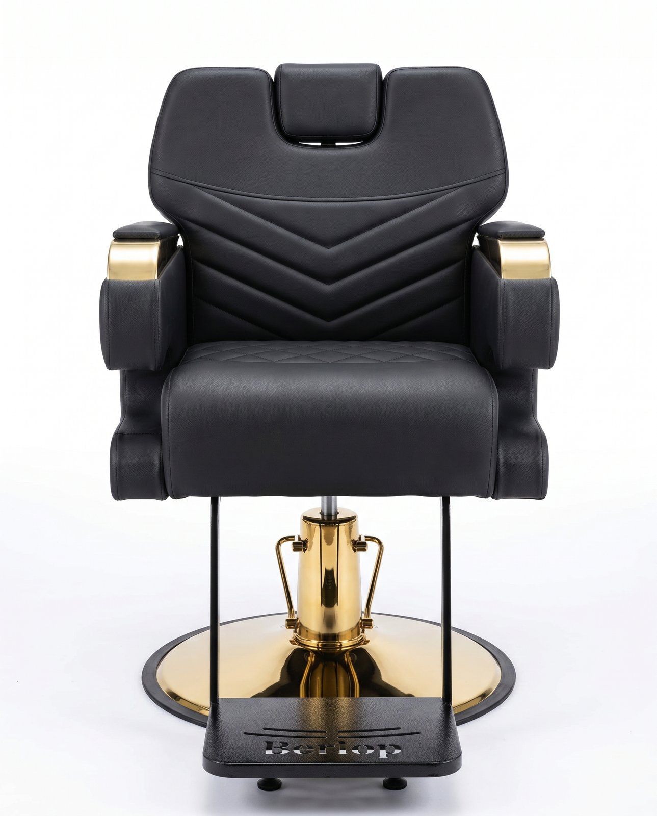 Silla Milán de barbería en cordobán negro con herrajes dorados y base importada, vista frontal