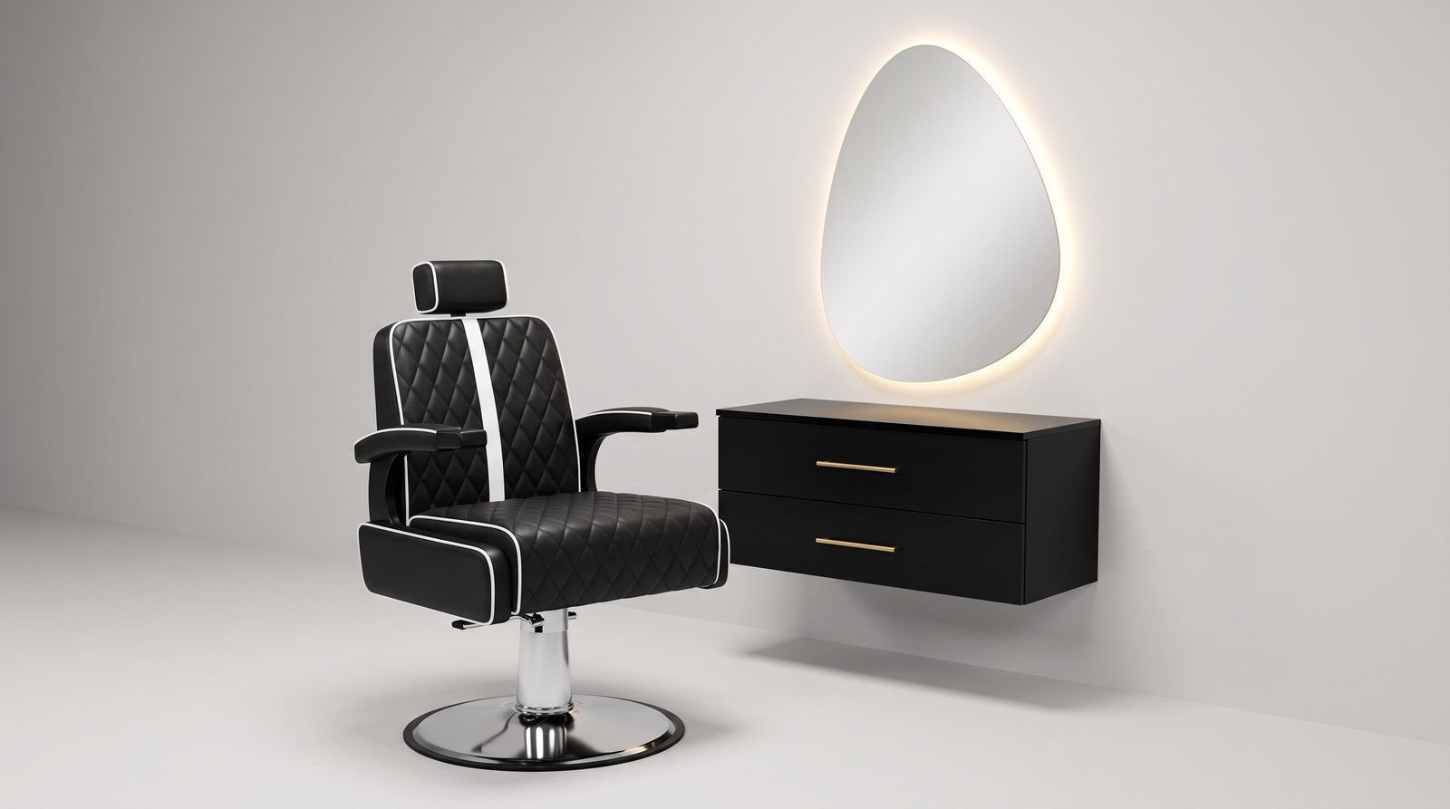 Combo Tranqui completo: silla barbera amplia en cordobán con vivo blanco, tocador flotante negro y espejo asimétrico retroiluminado